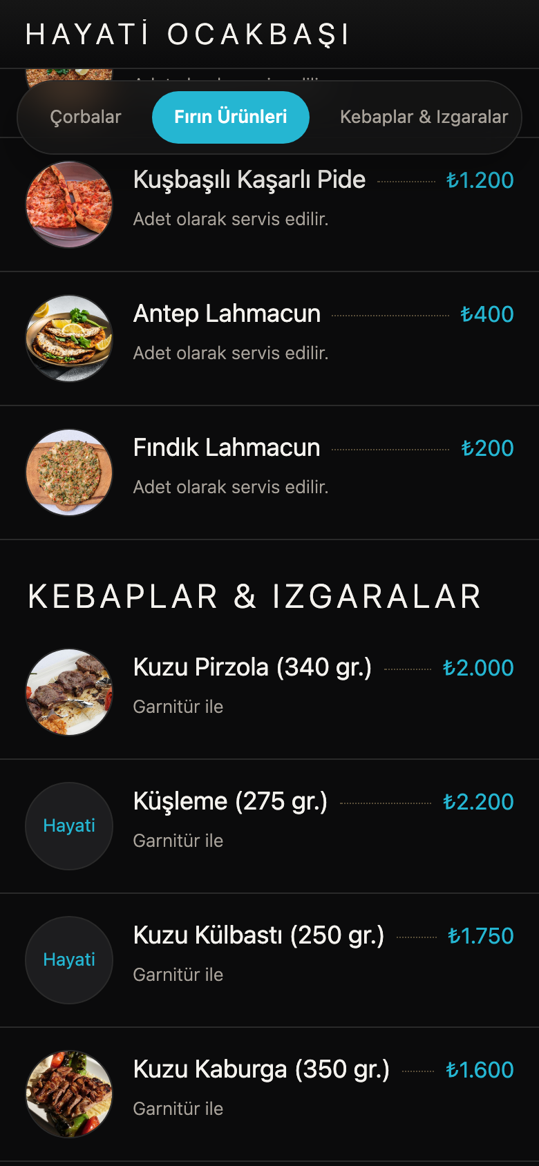 Kebaplar ve ızgaralar kategorisi ürün listesi