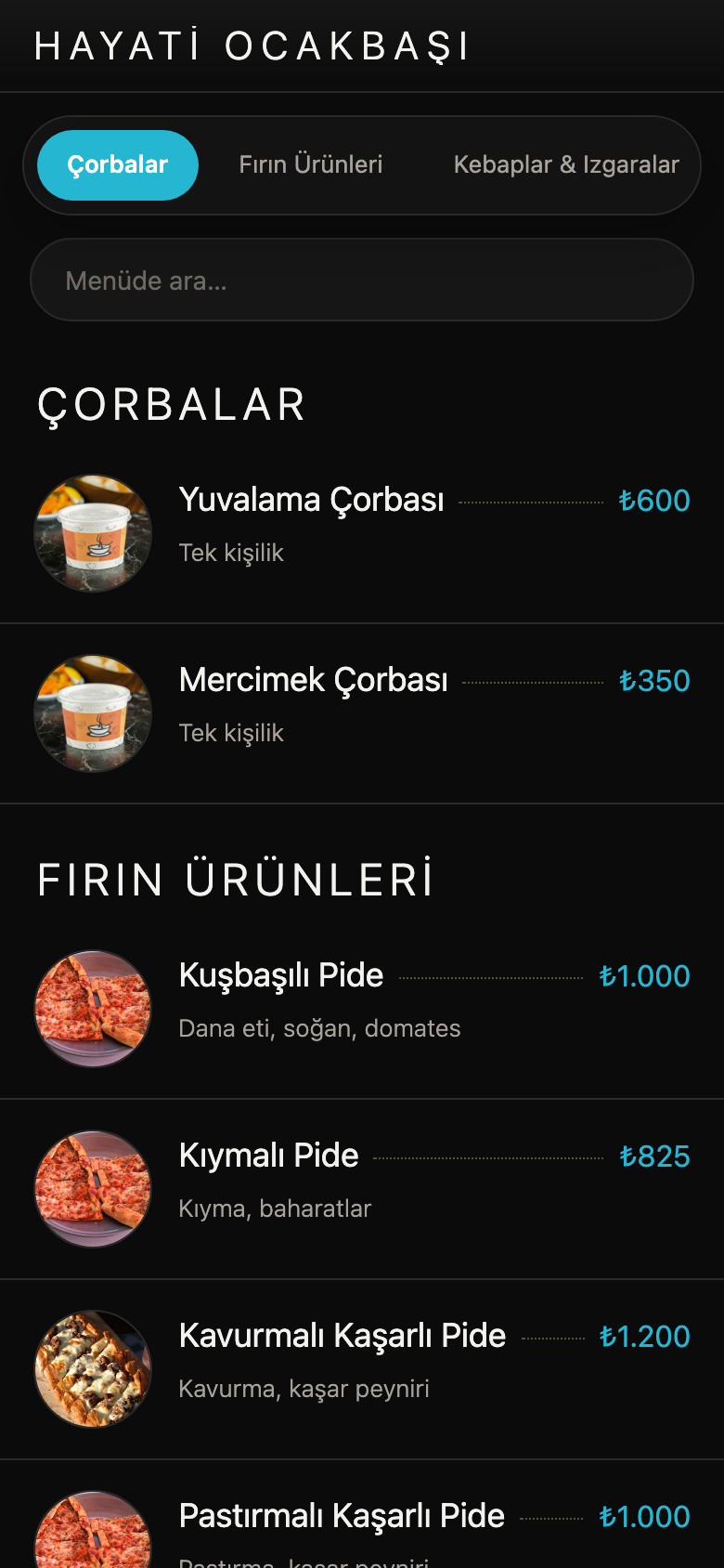WMW QR Menü müşteri görünümü — kategori sekmeleri, arama ve ürün listesi