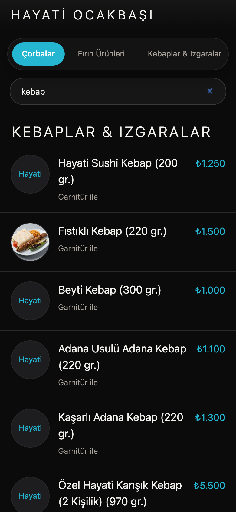 Menüde anlık arama — 'kebap' sonuçları