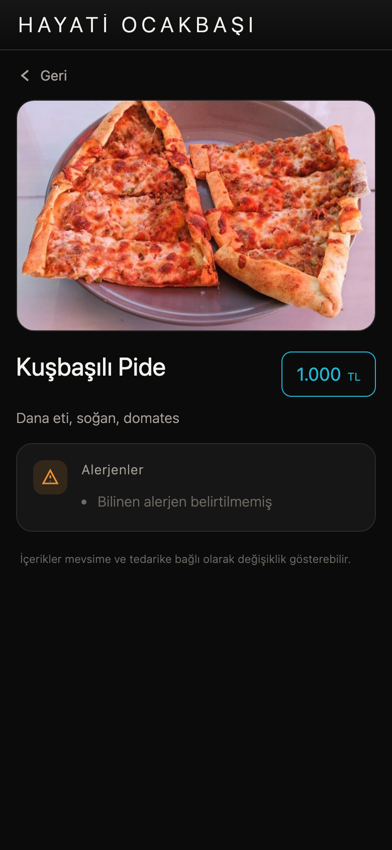 Ürün detay sayfası — fotoğraf, fiyat ve alerjen bilgisi